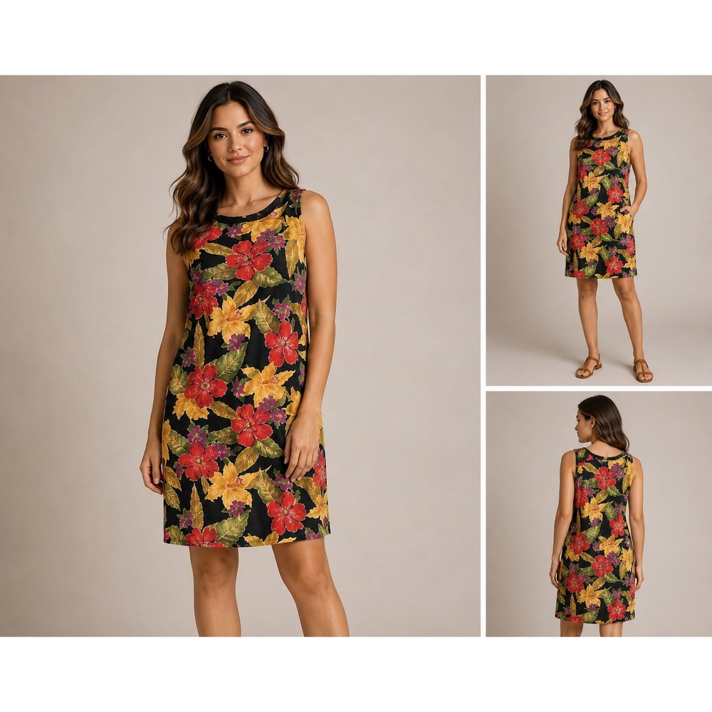 Chicos Design Floral Tropical Sleeveless Shift Dress Beaded Cotton Black Sz 3 XL